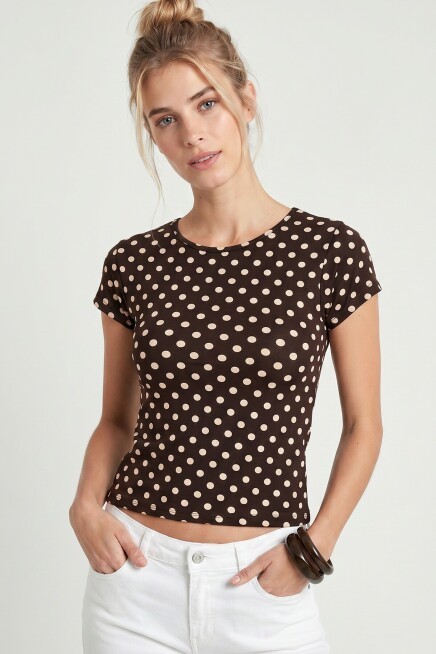 Puantiye Desenli Polyamid T-shirt KAHVERENGİ LZV0083