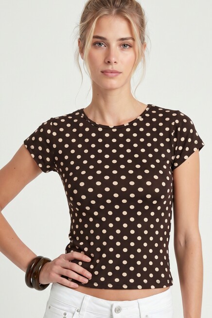 Puantiye Desenli Polyamid T-shirt KAHVERENGİ LZV0083