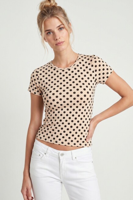 Puantiye Desenli Polyamid T-shirt KREM LZV0083