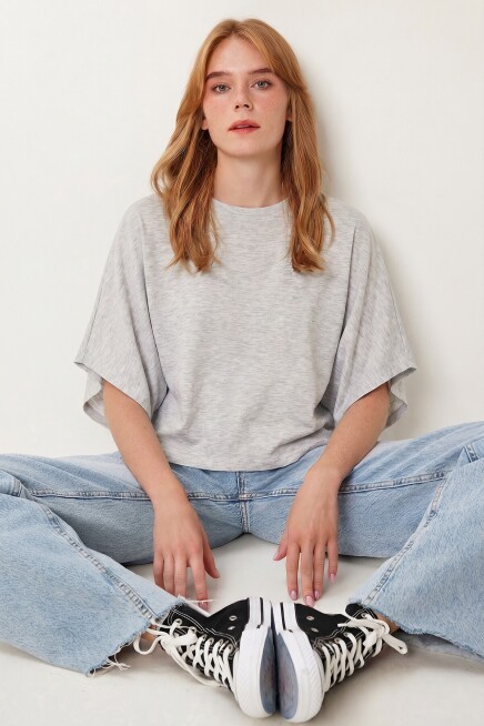 Yarasa Kollu Basic Örme Bluz GRİ MELANJ LUB0369