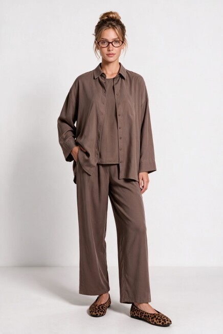 3’lü Gömlek Bluz Pantolon Gabardin Takım VİZON LBY0071