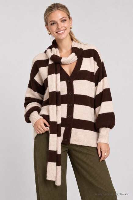 Atkılı Çizgili Oversize Triko Hırka KAHVERENGİ TAŞ LYY0155
