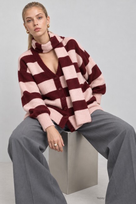 Atkılı Çizgili Oversize Triko Hırka PEMBE MÜRDÜM LYY0155