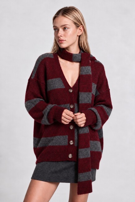 Atkılı Simli Çizgili Oversize Triko Hırka ANTRASİT BORDO LYY0155
