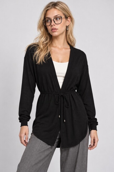 Bağcık Detaylı Uzun Viskon Hırka SİYAH LRN0078