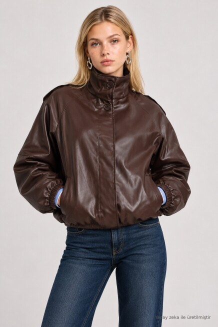 Bomber Suni Deri Ceket KAHVERENGİ LAX0019