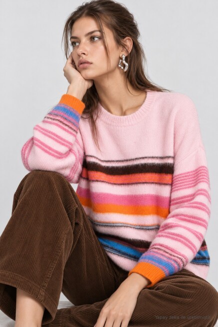 Çizgili Oversize Triko Kazak PEMBE ORANJ LMA0004