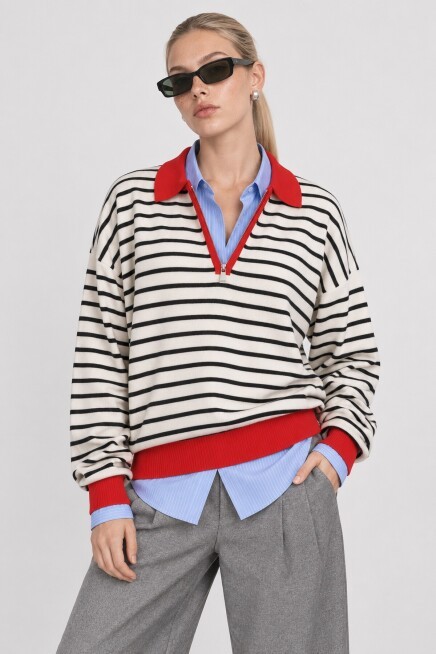 Çizgili Polo Yaka Oversize Triko Kazak 4419 EKRU KIRMIZI LKİ0056