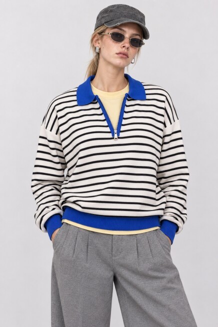 Çizgili Polo Yaka Oversize Triko Kazak 4419 EKRU MAVİ LKİ0056
