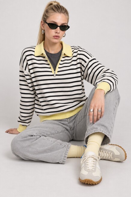Çizgili Polo Yaka Oversize Triko Kazak 4419 EKRU SARI LKİ0056