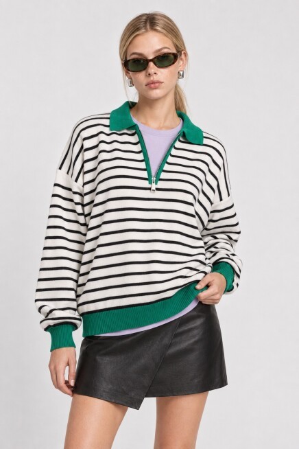 Çizgili Polo Yaka Oversize Triko Kazak 4419 EKRU YEŞİL LKİ0056