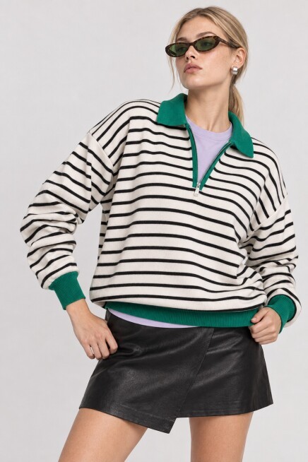 Çizgili Polo Yaka Oversize Triko Kazak 4419 EKRU YEŞİL LKİ0056