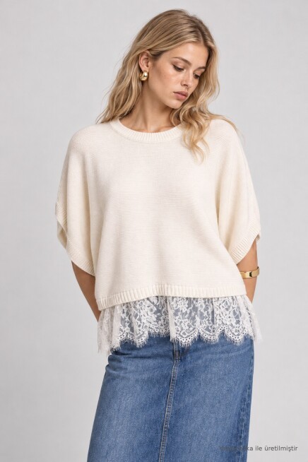 Dantelli Mevsimlik Triko Bluz KEMİK LAS0013