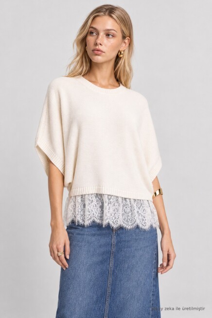 Dantelli Mevsimlik Triko Bluz KEMİK LAS0013