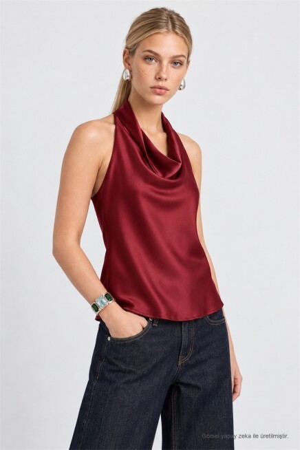 Degaje Yaka Saten Yüzeyli Bluz BORDO LGK0012