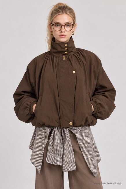Dik Yaka Oversize Paraşüt Ceket KAHVERENGİ LBY0089