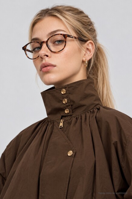 Dik Yaka Oversize Paraşüt Ceket KAHVERENGİ LBY0089