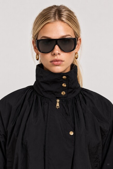 Dik Yaka Oversize Paraşüt Ceket SİYAH LBY0089