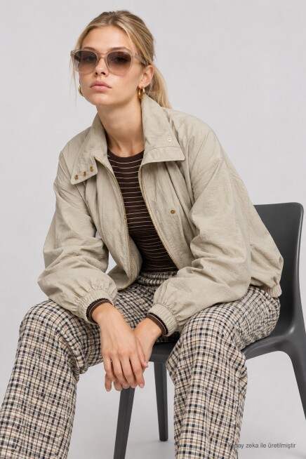 Dik Yaka Oversize Paraşüt Ceket TAŞ LBY0089
