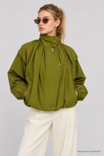 Dik Yaka Oversize Paraşüt Ceket YAĞ YEŞİLİ LBY0089