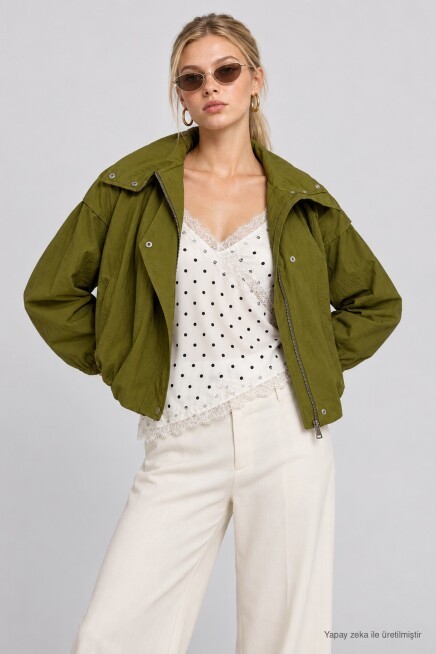 Dik Yaka Oversize Paraşüt Ceket YAĞ YEŞİLİ LBY0089