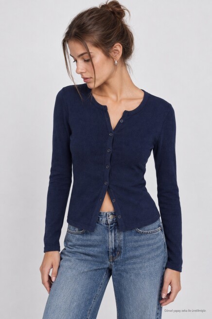 Düğmeli Basic Fitili Örme Hırka LACİVERT LRN0001