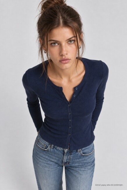 Düğmeli Basic Fitili Örme Hırka LACİVERT LRN0001