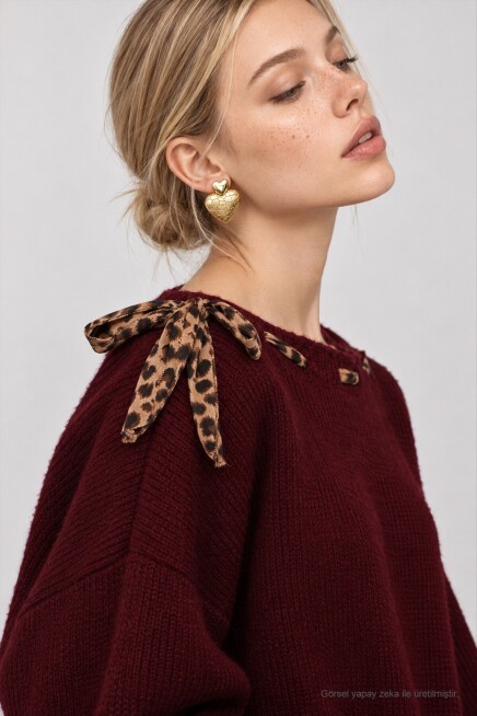 Fular Detaylı Oversize Triko Kazak BORDO LKR0001