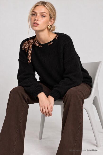 Fular Detaylı Oversize Triko Kazak SİYAH LKR0001