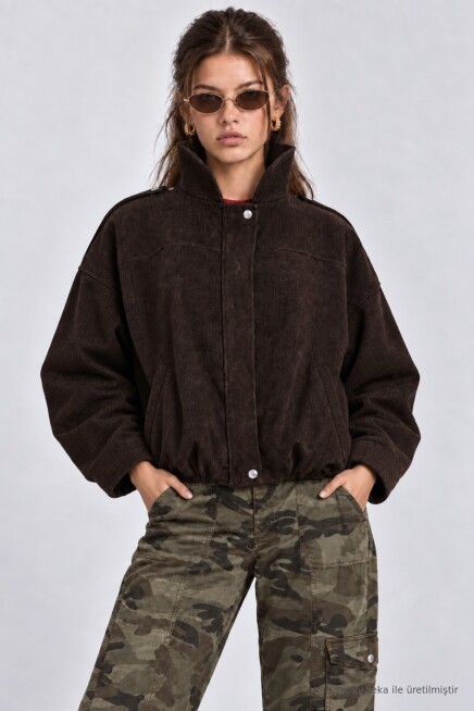 Kadife Dokulu Premium Selection Bomber Ceket KAHVERENGİ LBY0097
