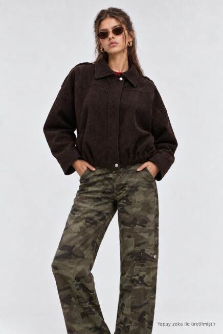 Kadife Dokulu Premium Selection Bomber Ceket KAHVERENGİ LBY0097