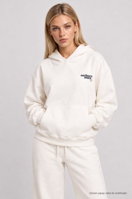 Kapüşonlu Baskılı Oversize Örme Sweatshirt EKRU LRN0080
