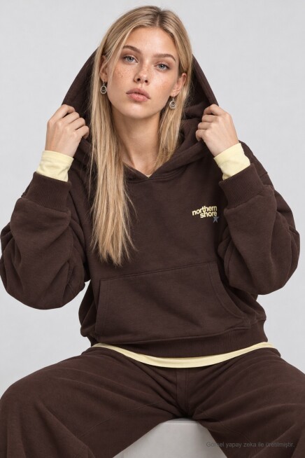 Kapüşonlu Baskılı Oversize Örme Sweatshirt KAHVERENGİ LRN0080