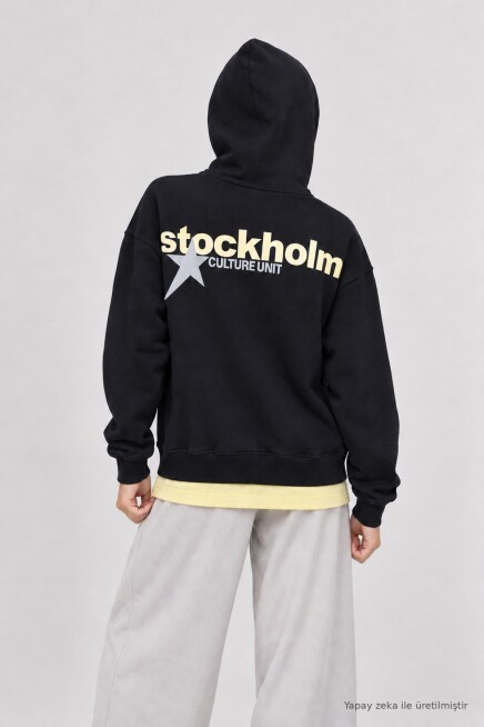 Kapüşonlu Baskılı Oversize Örme Sweatshirt LACİVERT LRN0080