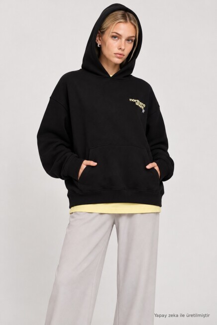 Kapüşonlu Baskılı Oversize Örme Sweatshirt SİYAH LRN0080