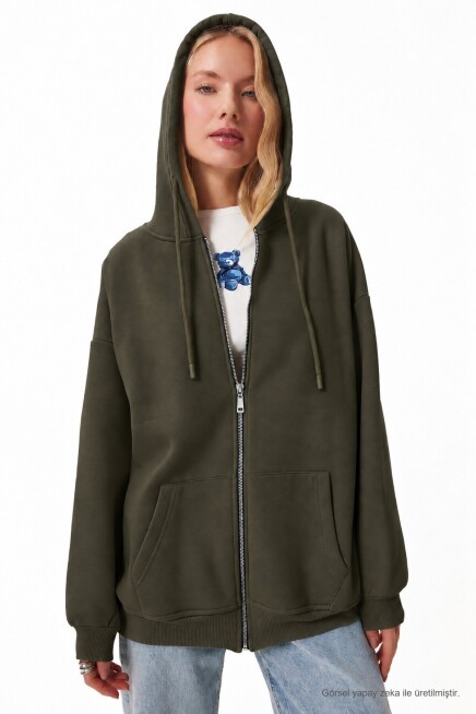 Kapüşonlu Fermuarlı Oversize Şardonlu Örme  Sweatshirt HAKİ LUB0002