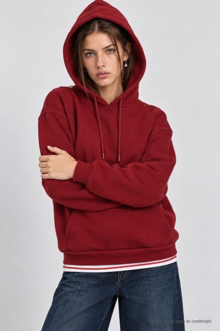 Kapüşonlu Oversize Şardonlu Örme Sweatshirt BORDO LEN0042