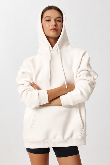 Kapüşonlu Oversize Şardonlu Örme Sweatshirt EKRU LEN0042