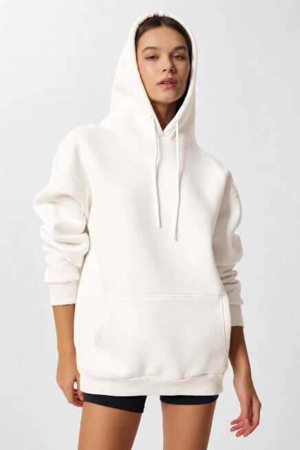 Kapüşonlu Oversize Şardonlu Örme Sweatshirt EKRU LEN0042
