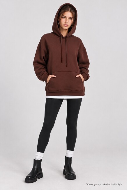 Kapüşonlu Oversize Şardonlu Örme Sweatshirt KAHVERENGİ LEN0042