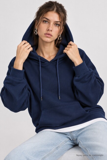 Kapüşonlu Oversize Şardonlu Örme Sweatshirt LACİVERT LEN0042