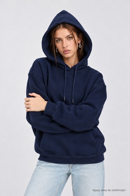 Kapüşonlu Oversize Şardonlu Örme Sweatshirt LACİVERT LEN0042