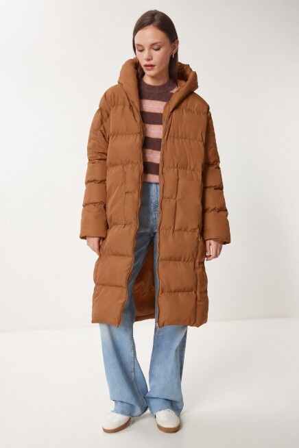 Kapüşonlu Oversize Uzun Şişme Kaban TABA LNT0001