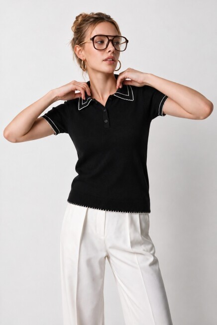 Kontrast Şeritli Polo Yaka Triko Bluz 4342 SİYAH LKİ0053
