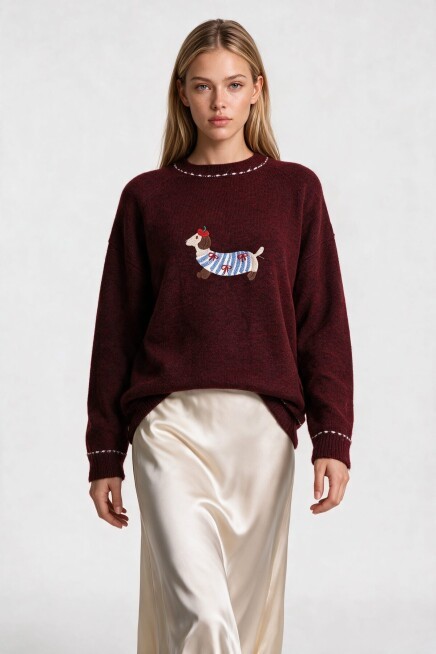 Nakış İşlemeli Oversize Triko Kazak BORDO LYY0150