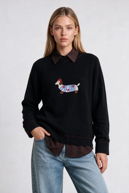 Nakış İşlemeli Oversize Triko Kazak SİYAH LYY0150