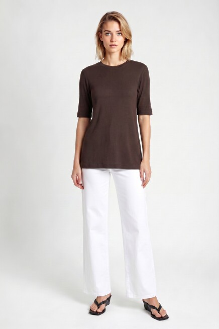 Oversize Basic Fitilli Modal T-shirt ACI KAHVE LUB0361