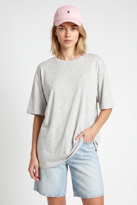 Oversize Basic Fitilli Modal T-shirt GRİ MELANJ LUB0361