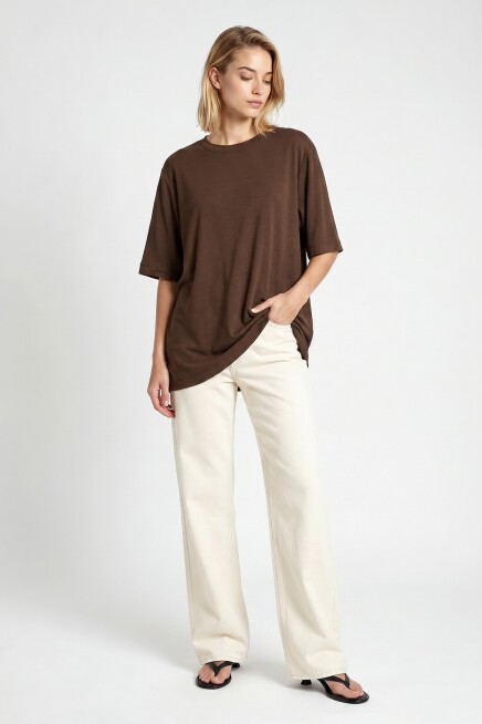 Oversize Basic Fitilli Modal T-shirt KAHVERENGİ LUB0361