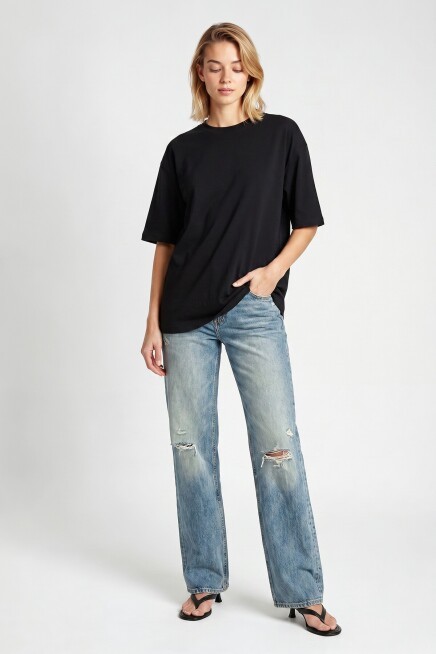 Oversize Basic Fitilli Modal T-shirt SİYAH LUB0361